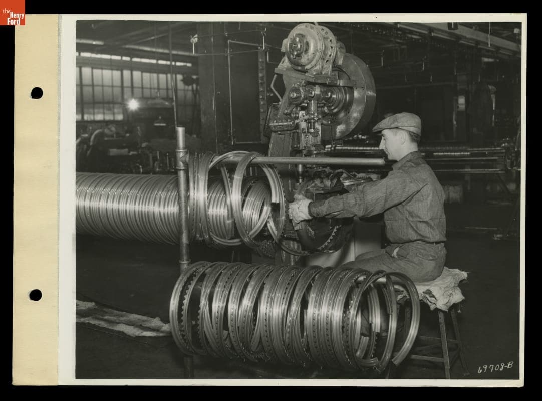 Manufacturing Wheel Rims for Ford Cars at Lyon Chrome Company, Detroit, Michigan, 1938
