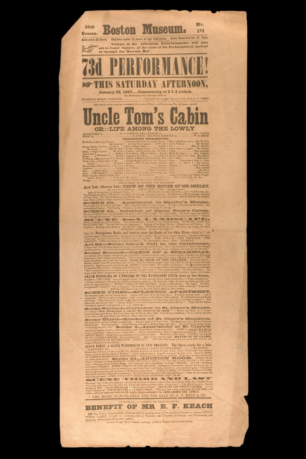 Playbill for the 73rd Performance of "Uncle Tom's Cabin" at the Boston Museum, January 22, 1853
