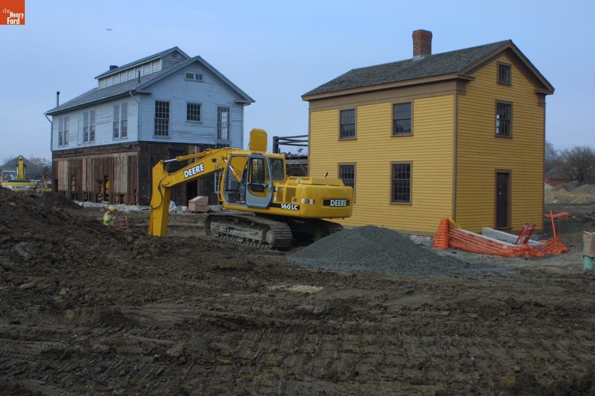 Soybean Lab Agricultural Gallery and Richart Wagon Shop at Relocation Sites during the Greenfield Village Restoration Project, November 2002