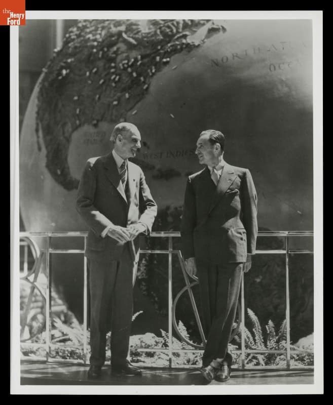Henry Ford and Edsel Ford inside the Ford Rotunda, Dearborn, Michigan, 1936