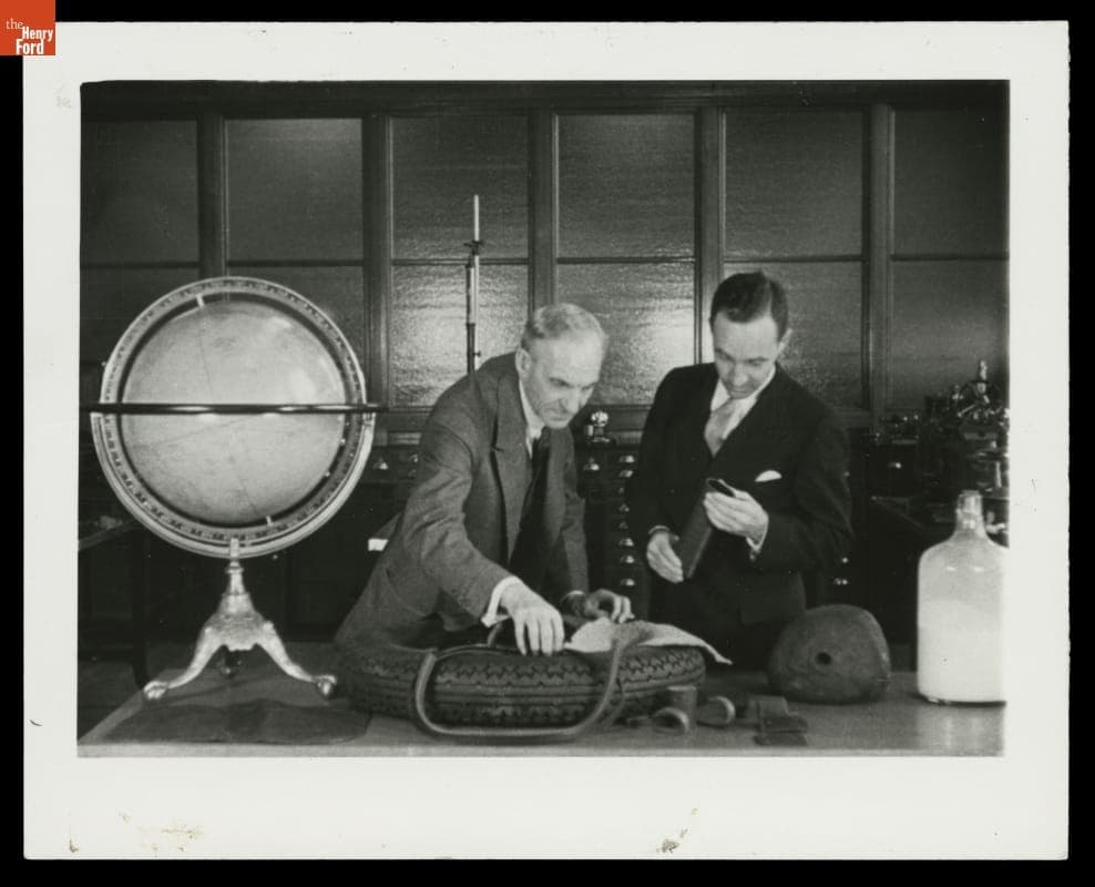 Henry Ford and Edsel Ford Examining Tire in Laboratory, circa 1935