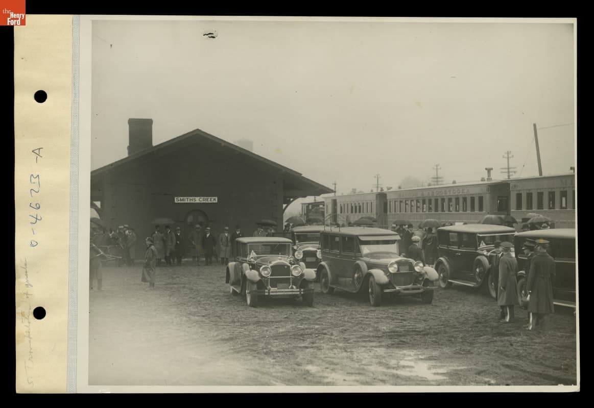 Cars Awaiting Arrival of Thomas Edison and Herbert Hoover at Smiths Creek Station for Light's Golden Jubilee, October 21, 1929