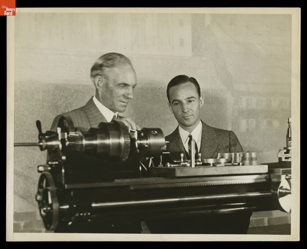 Henry Ford and Edsel Ford with Milling Machine at 1934 Opening of Century of Progress Exhibition, Chicago, Illinois