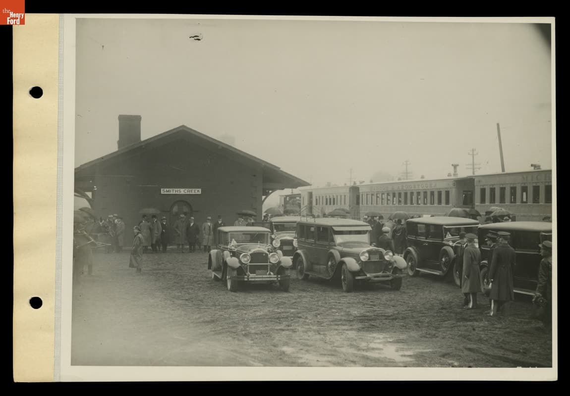 Cars Awaiting Arrival of Thomas Edison and Herbert Hoover at Smiths Creek Station for Light's Golden Jubilee, October 21, 1929