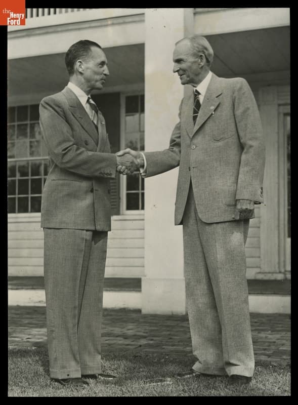 Edsel Ford and Henry Ford on Henry's 79th Birthday, Greenfield Village, 1942