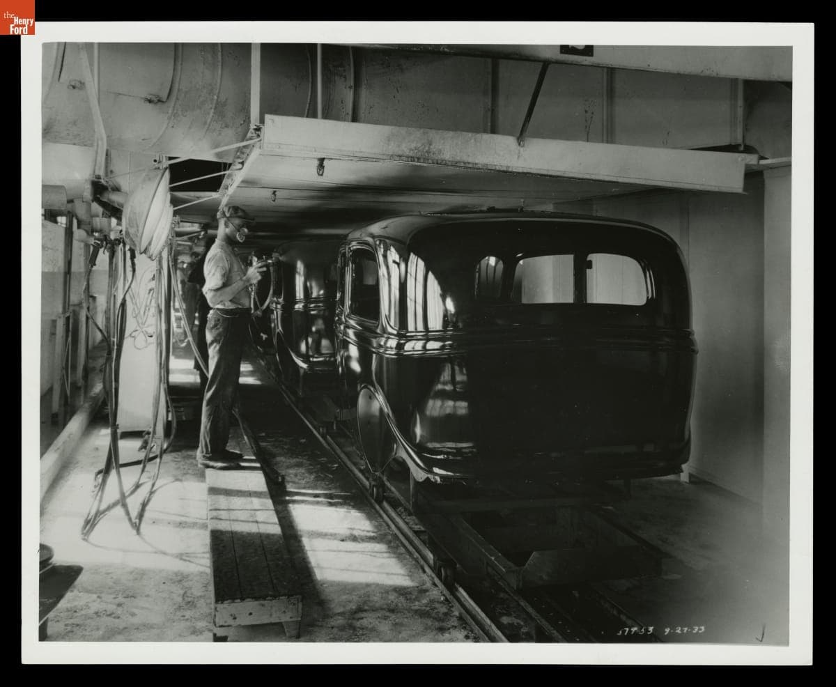 Spraying Lacquer on Ford Automobile Bodies at Briggs Manufacturing Company, Detroit, Michigan, 1933