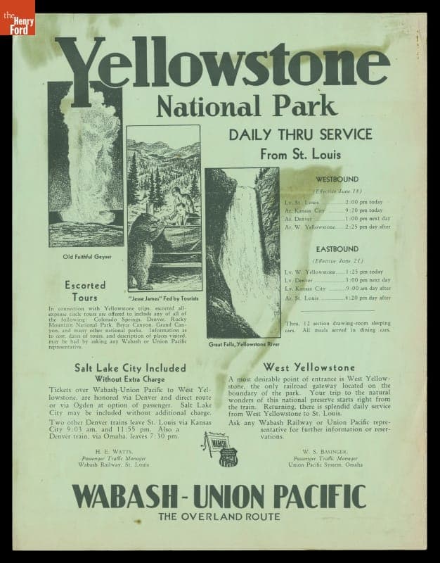 Handbill and Timetable for Wabash-Union Pacific Railway's Overland Route to Yellowstone National Park, 1927