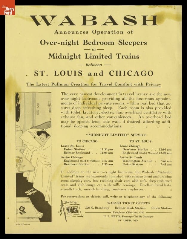 Handbill and Timetable for Wabash Railway's "Overnight Bedroom Sleepers between St. Louis and Chicago," 1930