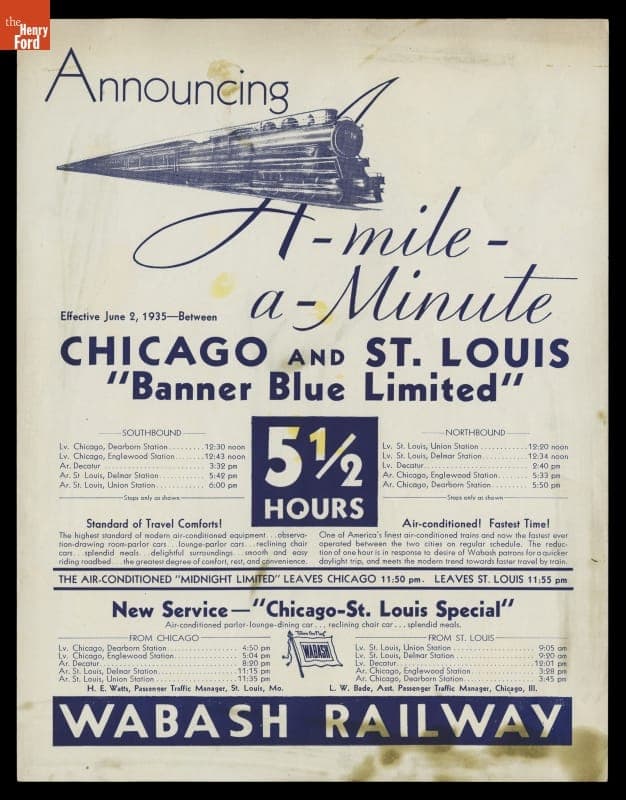 Handbill and Timetable for Wabash Railway Company, "A Mile a Minute between Chicago and St. Louis 'Banner Blue Limited,'" 1935