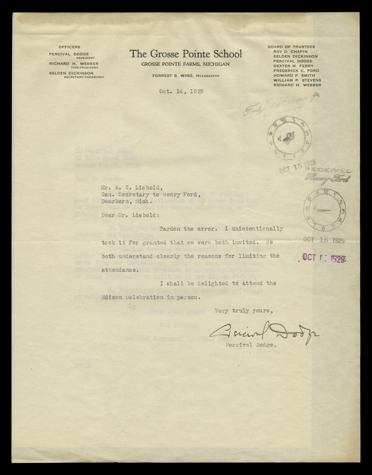 Letter from Percival Dodge to Ernest Liebold regarding Invitation to Light's Golden Jubilee, October 14, 1929