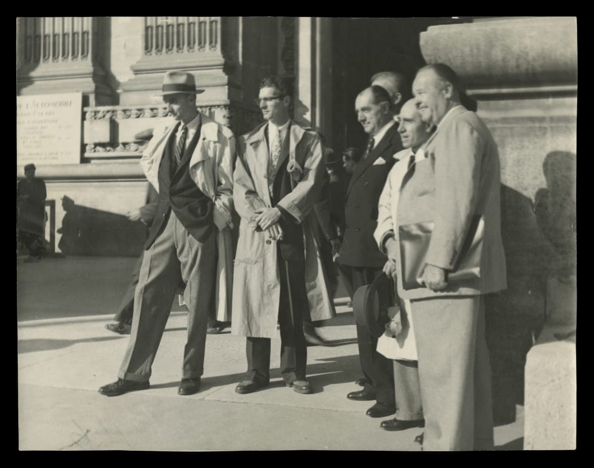 Elwood Engel, Roy Brown, John Najjar and George Walker with Public Relations Executives from Ford of Rome and Ford of France, 1955