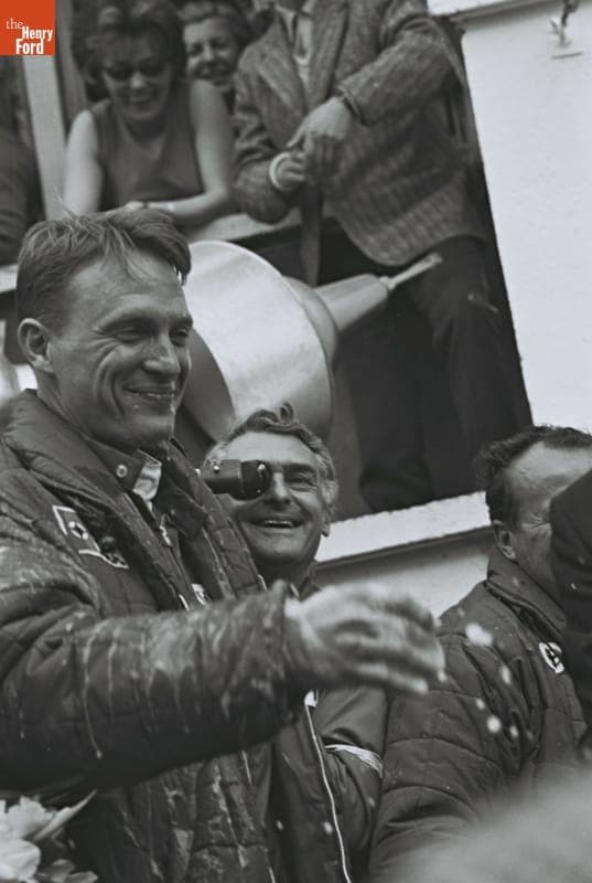Dan Gurney and A. J. Foyt with Victory Champagne at the 24 Heures du Mans (24 Hours of Le Mans) Race, June 1967