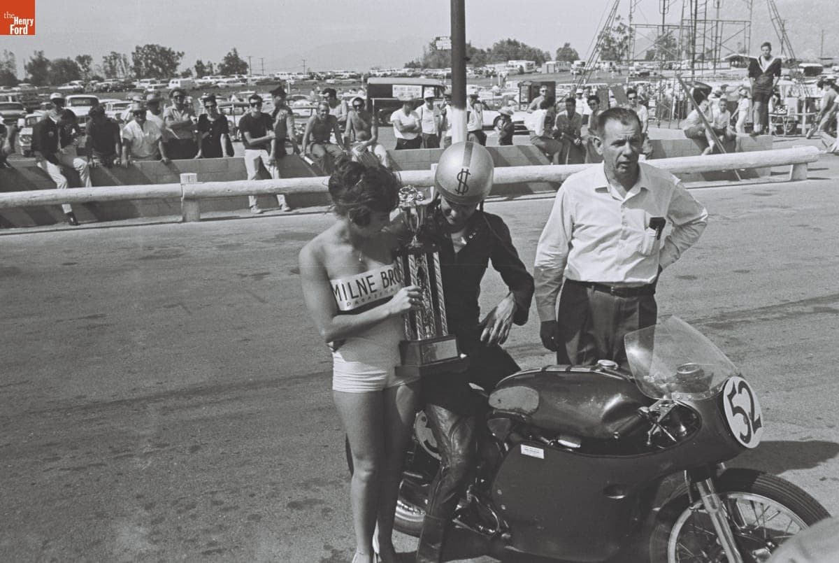 Winner of the Motorcycle Race before the 4th Annual Grand Prix for Sports Cars, Riverside, California, October 1961