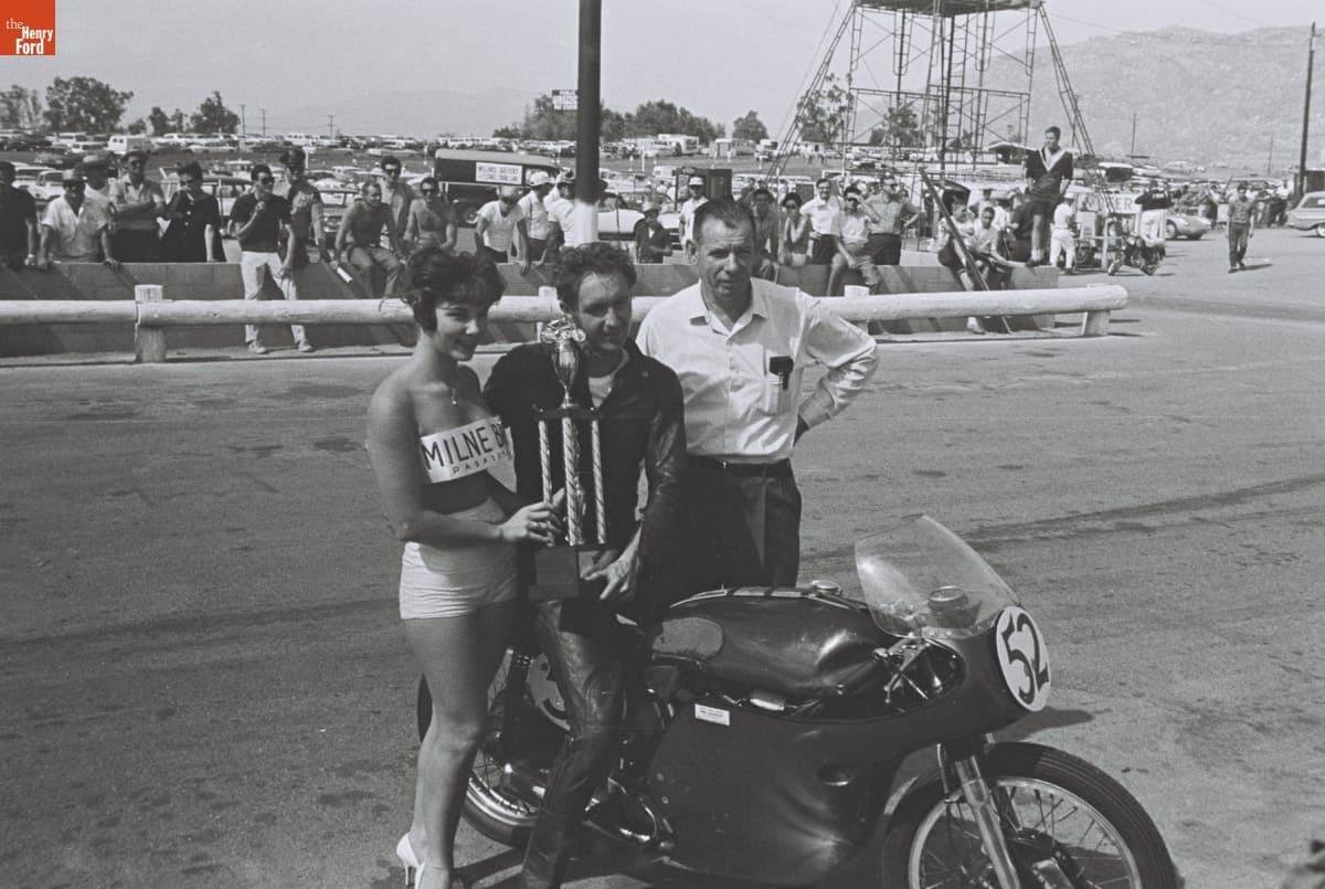 Winner of the Motorcycle Race before the 4th Annual Grand Prix for Sports Cars, Riverside, California, October 1961