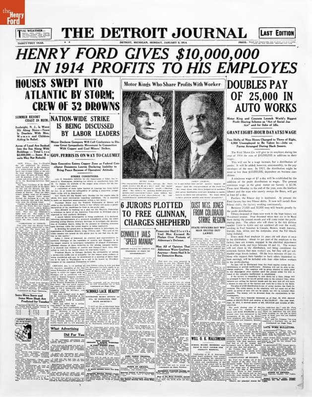 Newspaper Article, "Henry Ford Gives $10,000,000 in 1914 Profits to His Employes"