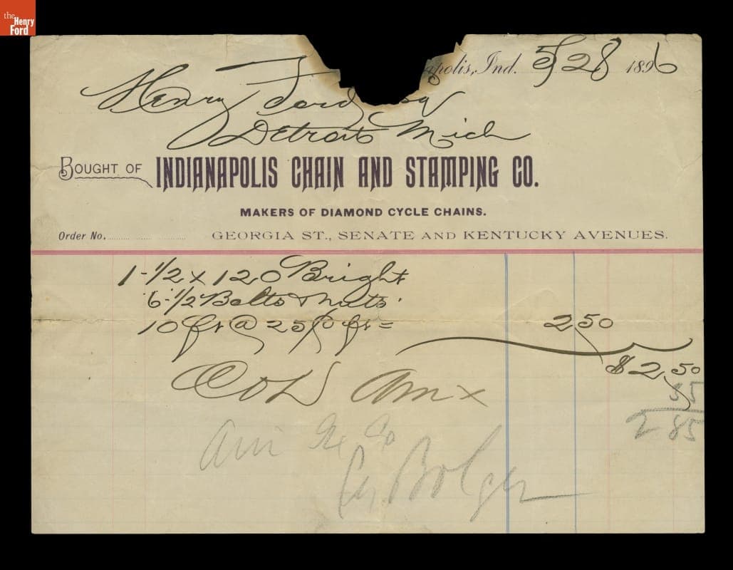 Receipt Showing Purchase of Bicycle Chain for Henry Ford's Quadricycle, May 28, 1896