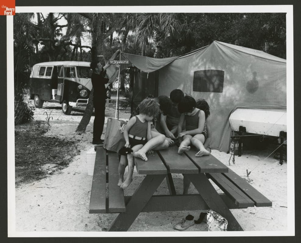 Family Camping with Tent and Volkswagen Bus, Saint Petersburg, Florida, circa 1965