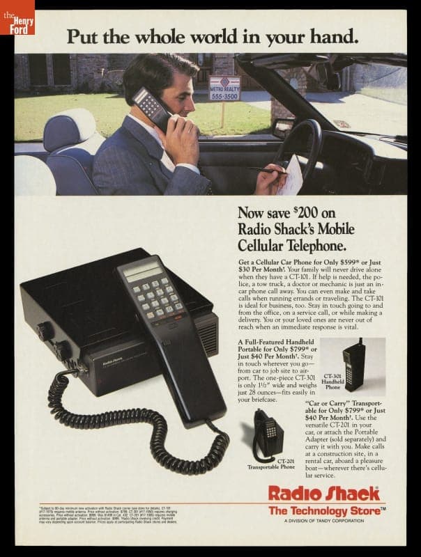 Radio Shack Mobile Cellular Telephone Ad, "Put the Whole World in Your Hands," 1989