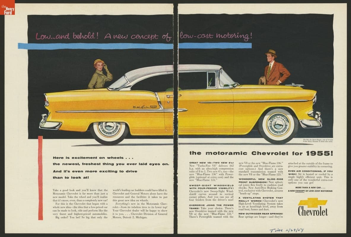 1955 Chevrolet Ad, "Low...and behold! A New Concept of Low-Cost Motoring"