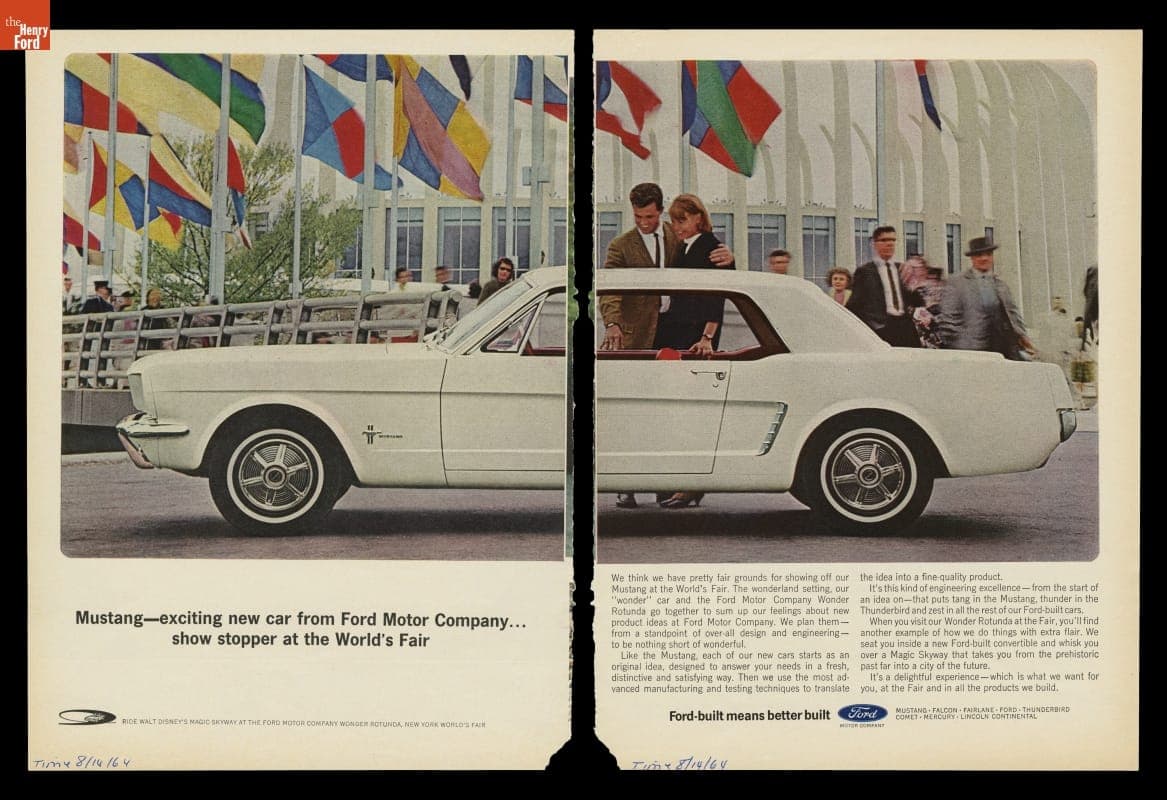 Advertisement for the 1965 Ford Mustang, "Exciting New Car from Ford Motor Company... Show Stopper at the World's Fair"