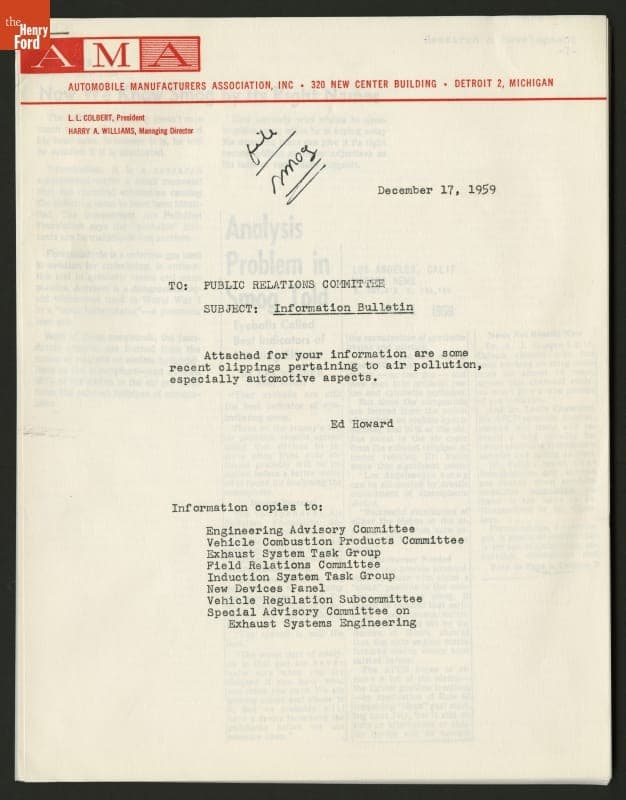 Information Bulletin on Automotive Aspects of Air Pollution, Automobile Manufacturers Association, Detroit, Michigan, December 17, 1959