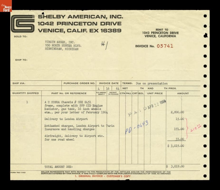 Invoice for AC Cobra Chassis #CSX2451, from Shelby American, Inc. to Virgil Exner, Inc., 1964