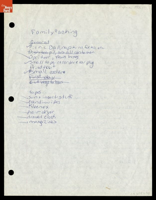 Handwritten Packing List for Family Vacation to Florida, June 1986
