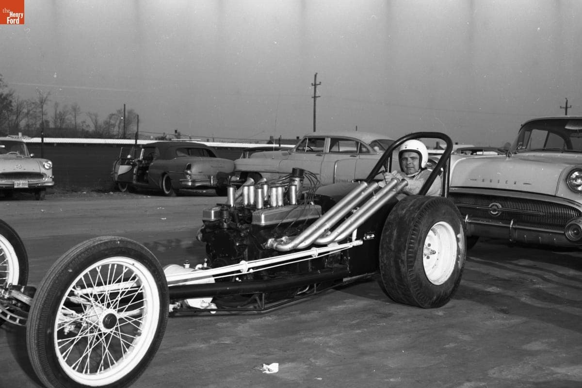 Driver Seated in Dragster at Langhorne Speedway Drag Races, 1960
