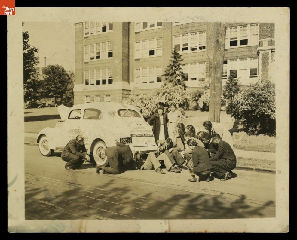 Driver Training Class Watching Automobile Repairs, 1937