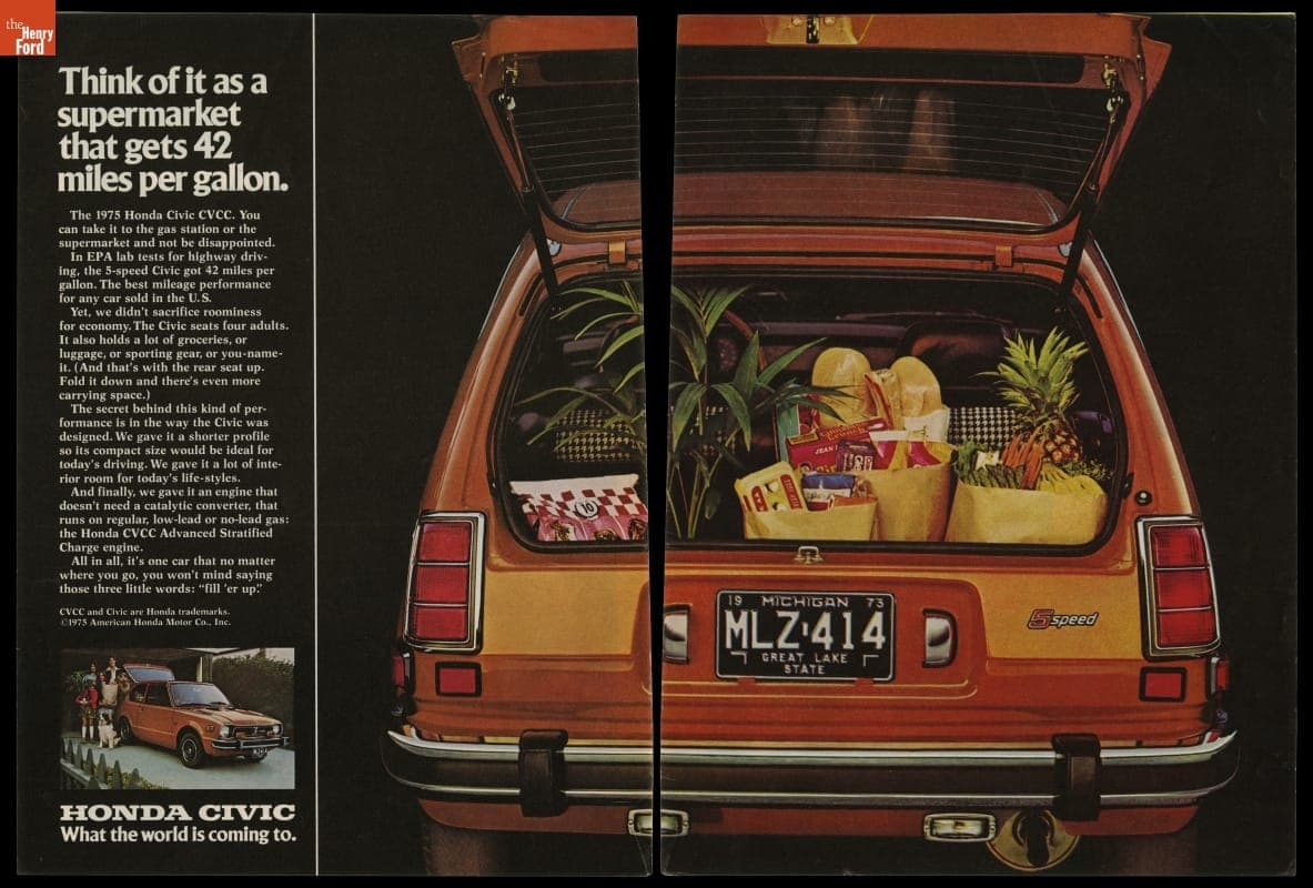 1975 Honda Civic Advertisement, "Think of it as a Supermarket that gets 42 Miles per Gallon"
