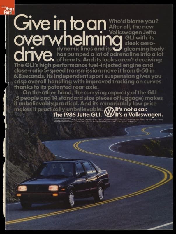 1986 Volkswagen Ad, "Give in to an Overwhelming Drive, the 1986 Jetta GLI"
