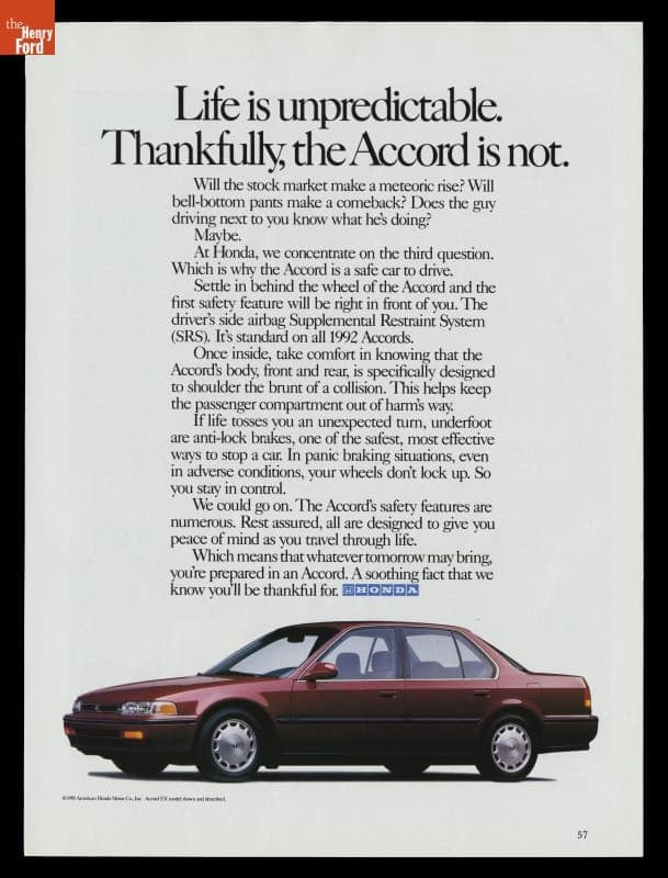 "Life is Unpredictable. Thankfully, the Accord is Not," American Honda Motor Company, 1991