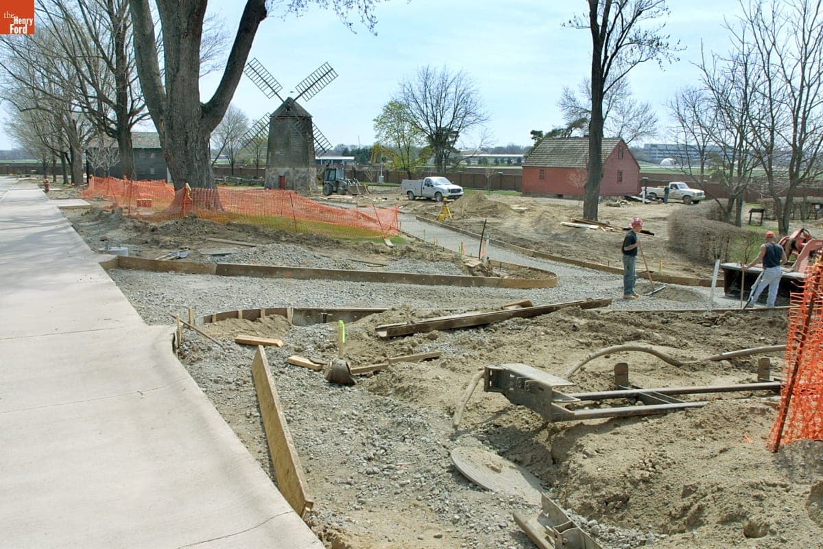 Paving Walkways near Plympton Home and Farris Windmill, Greenfield Village Restoration Project, April 2003