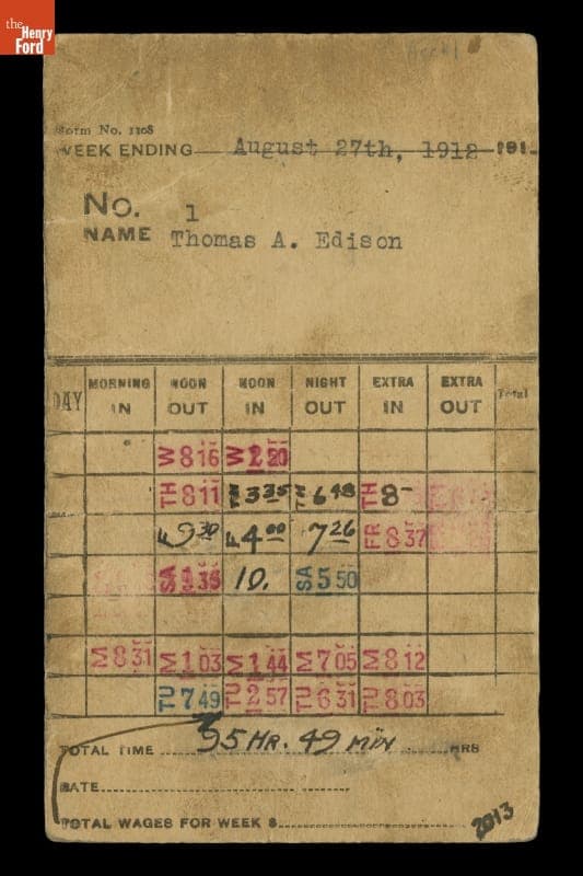 Time Card Punched by Thomas Edison at His West Orange Laboratory, for the Week Ending August 27, 1912
