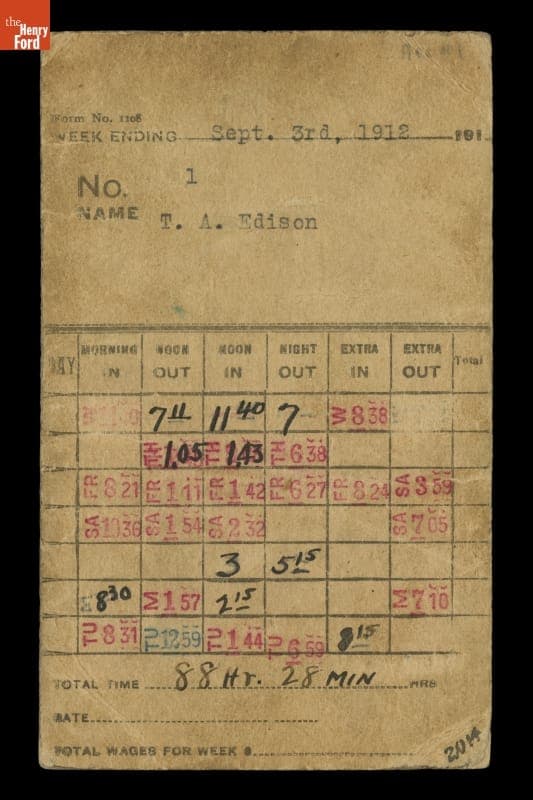 Time Card Punched by Thomas Edison at His West Orange Laboratory, for the Week Ending September 3, 1912