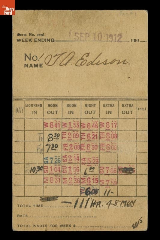 Time Card Punched by Thomas Edison at His West Orange Laboratory, for the Week Ending September 10, 1912