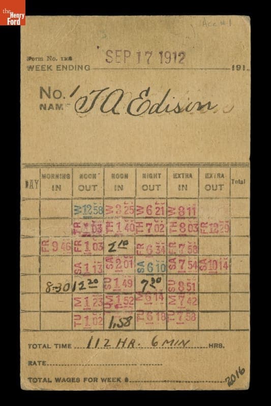 Time Card Punched by Thomas Edison at His West Orange Laboratory, for the Week Ending September 17, 1912