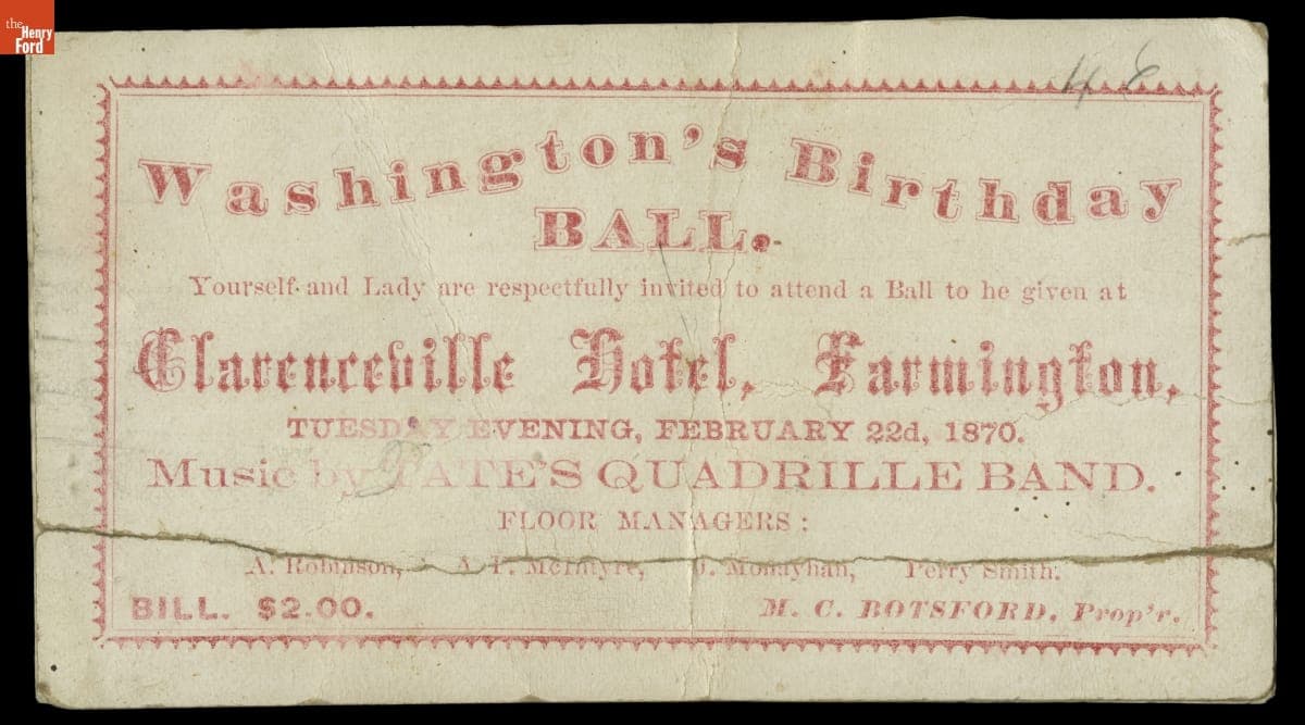 Ticket to "Washington's Birthday Ball, Clarenceville Hotel, Farmington," Michigan
