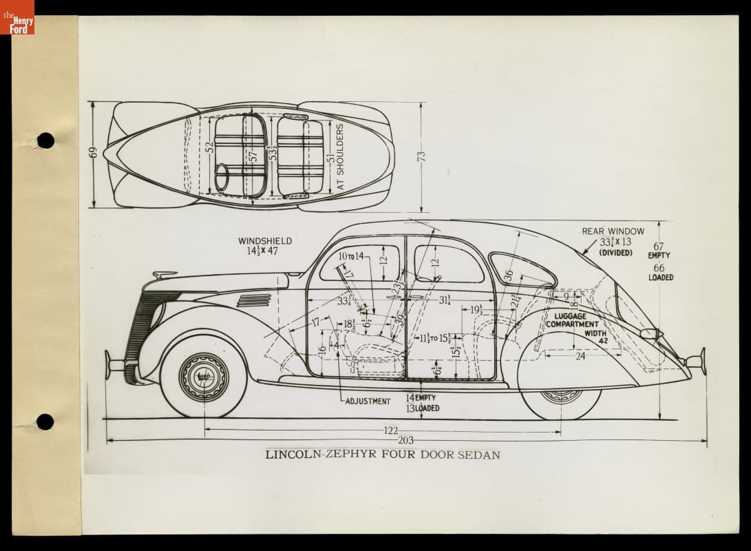 Line Drawing of Lincoln Zephyr Four-Door Sedan, 1936