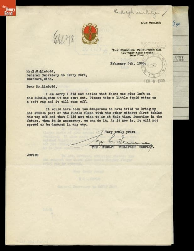 Correspondence between J.C. Freeman and E.G. Liebold Concerning Repair of Henry Ford's Amati Violin, 1935