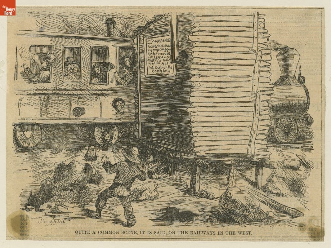 Wood Engraving, "Quite a Common Scene, it is Said, on the Railways in the West," 1858