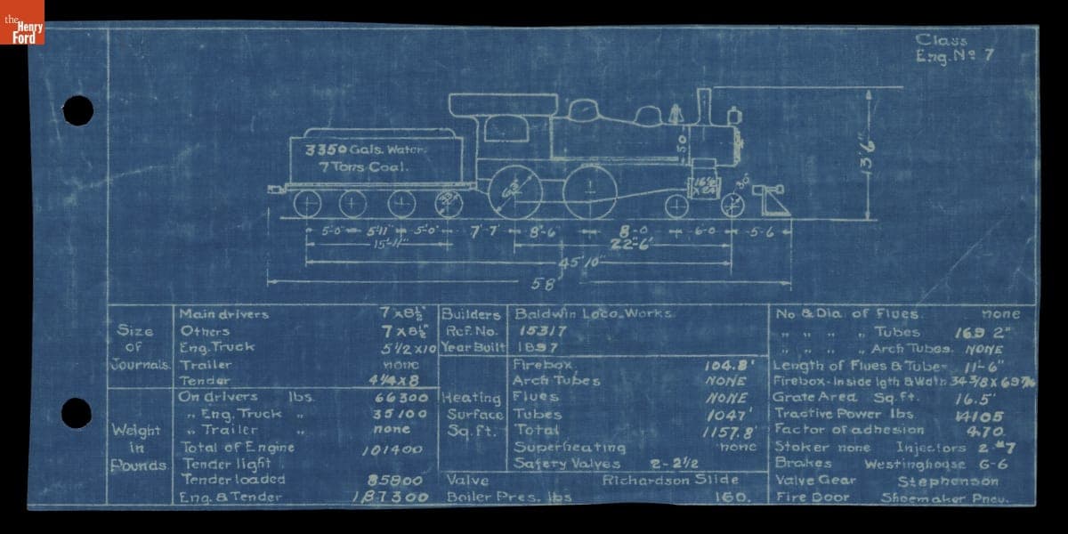 Blueprint Drawing of the 1897 Baldwin Steam Locomotive, "Engine No. 7," circa 1921