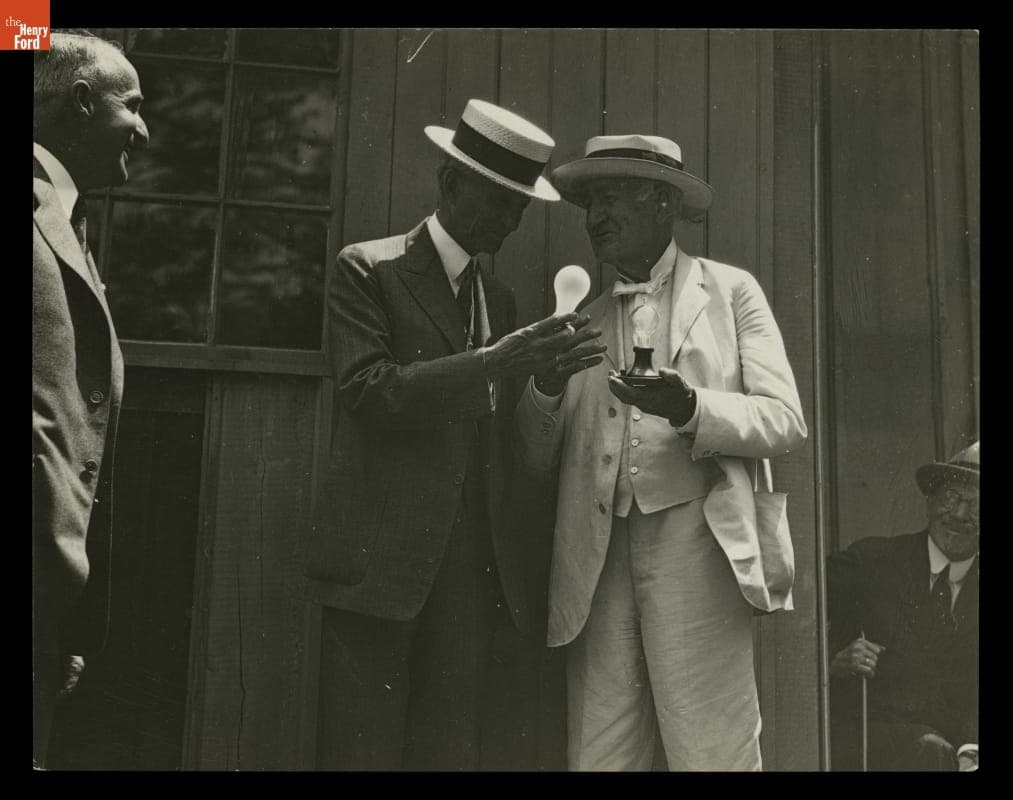 Henry Ford and Thomas Edison at Dedication of Menlo Park Glass House, Greenfield Village, 1929