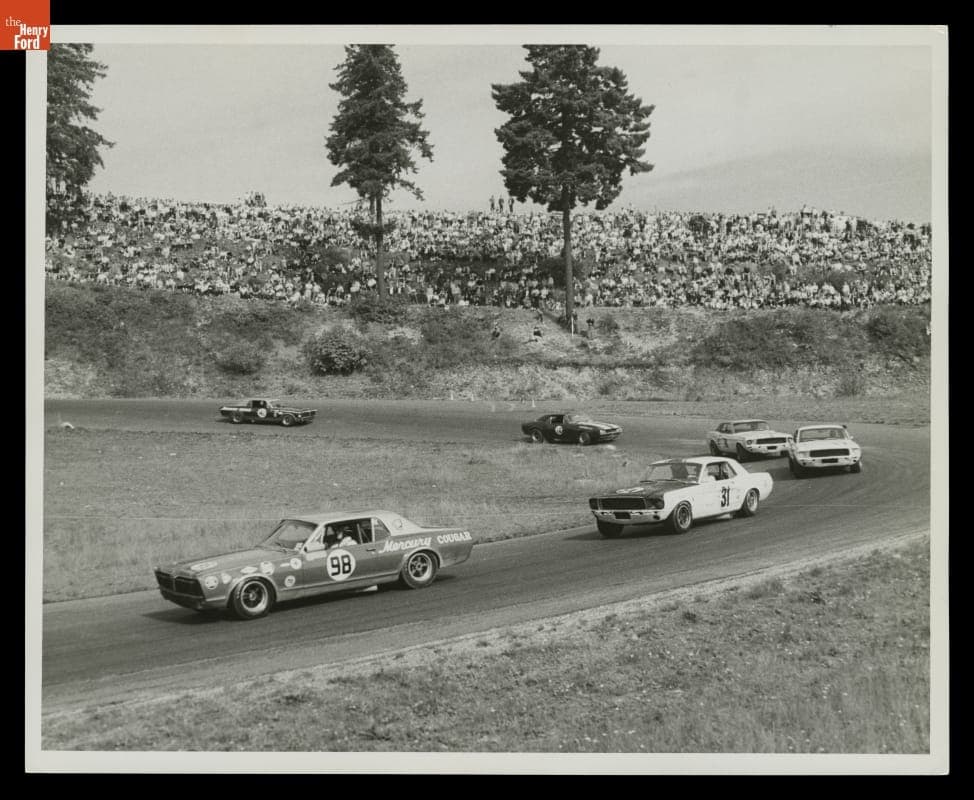 Dan Gurney in 1967 Mercury Cougar (#98), Kent 300 at Pacific Raceways, Kent, Washington, October 8, 1967