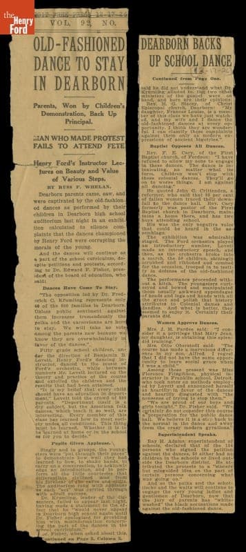 Newspaper Article, "Old-Fashioned Dance to Stay in Dearborn...Dearborn Backs Up School Dance," 1926