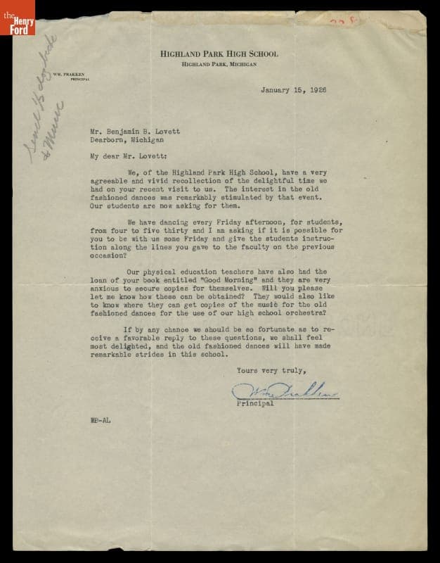 Letter from Highland Park High School Principal to Benjamin Lovett, January 16, 1926