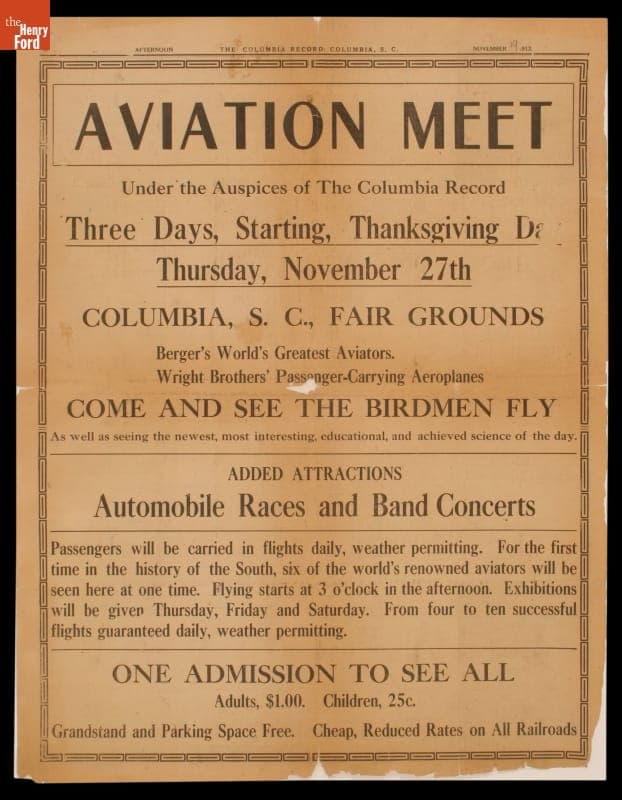 Notice of an Aviation Meet Featuring the Wright Brothers' Passenger-Carrying Aeroplanes, Columbia, South Carolina, 1913