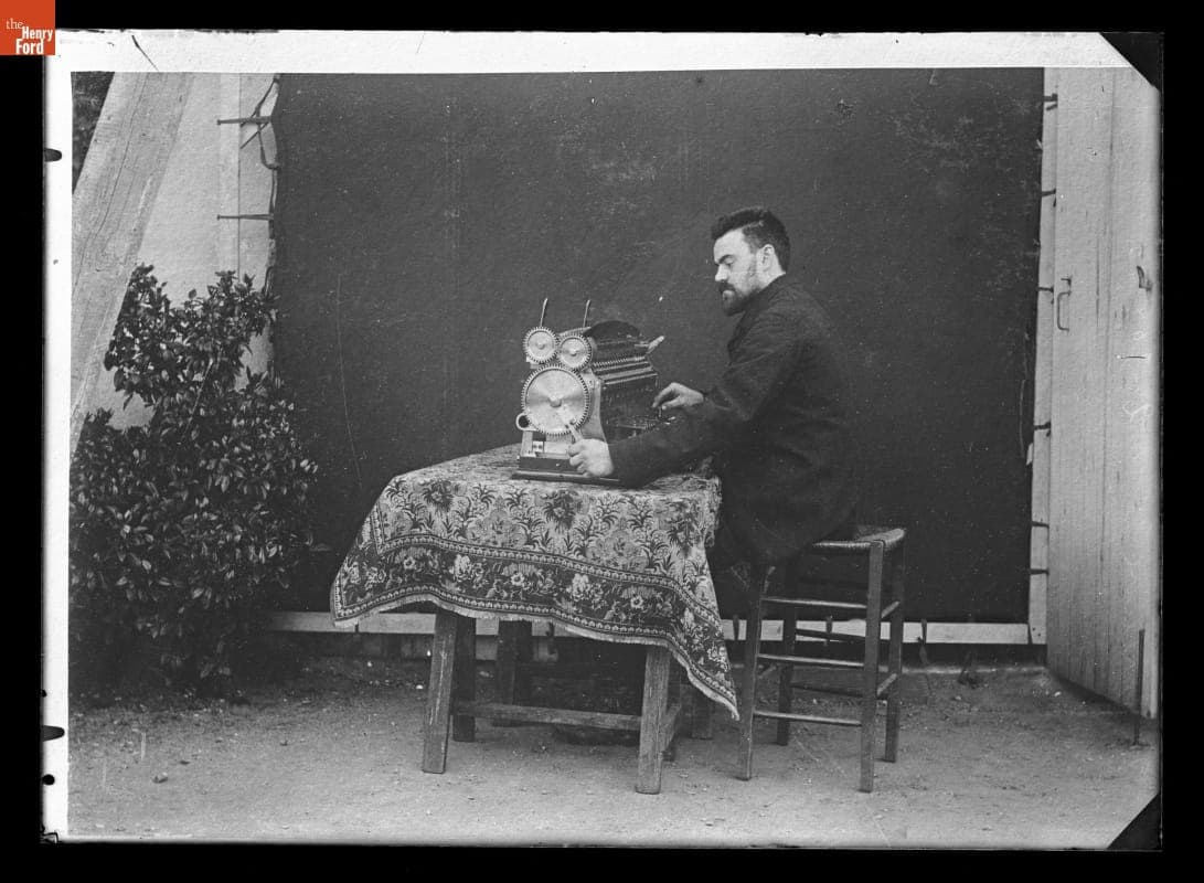 Leon Bollee Demonstrates His Calculating Machine outside His Factory, Le Mans, France, about 1900