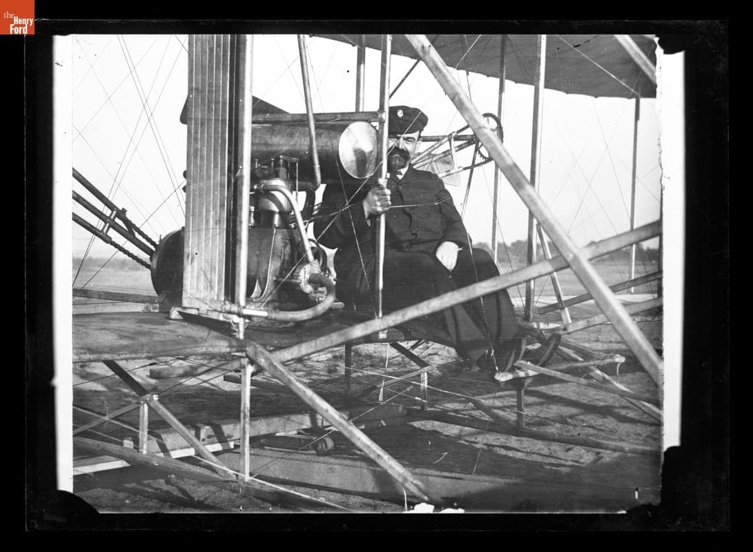 Leon Bollee Sitting at the Controls of the Wright Flyer at Camp d'Auvours, near Le Mans, France, 1908-1909