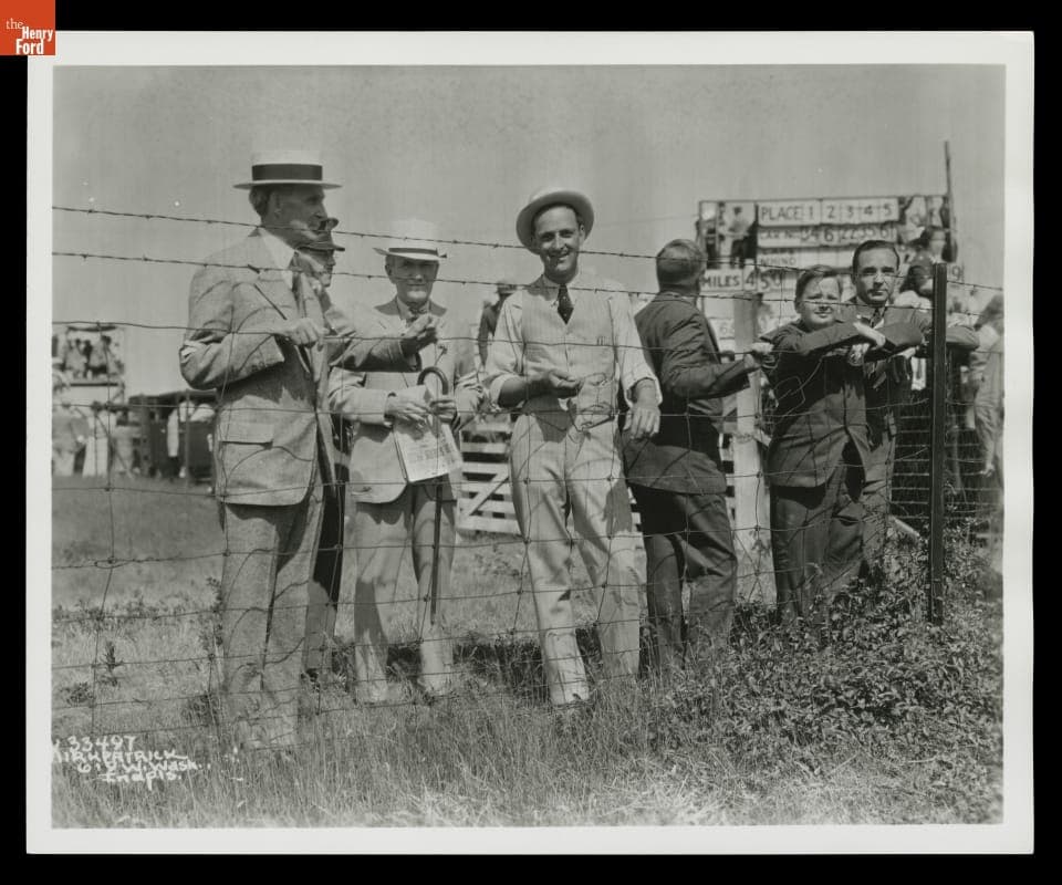 Henry Ford, Harvey Firestone, Preston Tucker, Henry Ford II, Benson Ford, and Edsel Ford at Indianapolis Motor Speedway, 1932